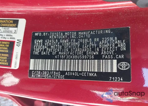 2011 Toyota Camry Le from USA, damaged, VIN 4T1BF3EK8BU599756